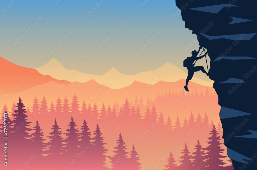 Man with backpack, climbing on a mountain wall or cliff and overlooking the valley. Mountain landscape. Traveling or hiking or climbing or tourism concept. Vector illustration. - obrazy, fototapety, plakaty 