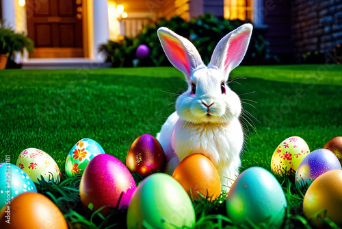 Easter bunny sitting on green lawn among Easter eggs.
