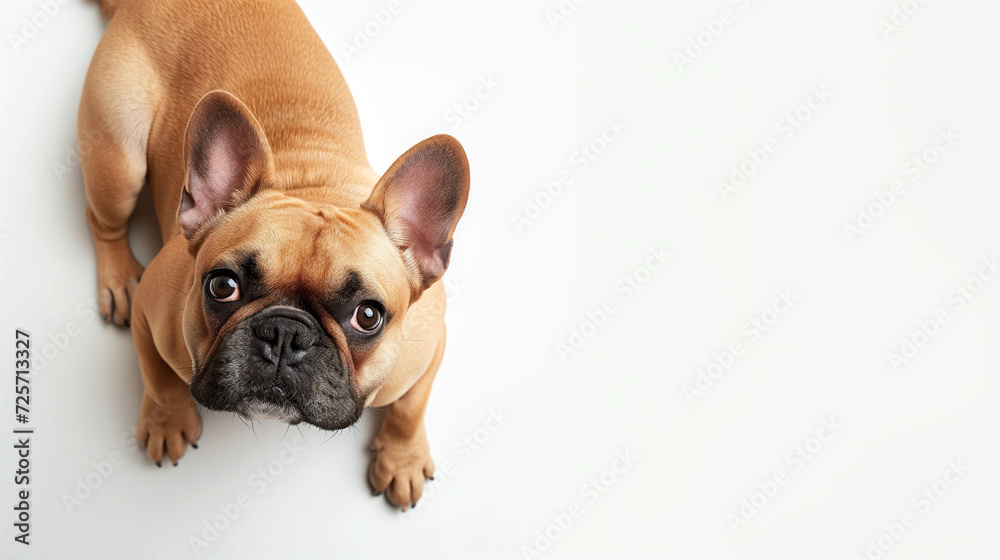 Cute french bulldog puppy, waiting for treat, tan fawn color frenchie, looking at camera, shot from above, room for type, dog breeds, pet care, veterinary, snub nosed dog, isolated on white background Cute french bulldog puppy, waiting for treat, tan fawn color frenchie, looking at camera, shot from above, room for type, dog breeds, pet care, veterinary, snub nosed dog, isolated on white background