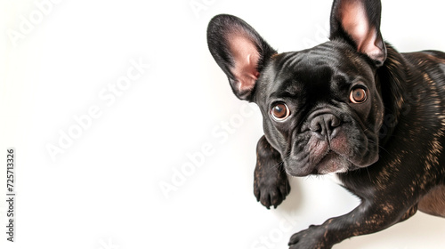 Cute french bulldog, horizontal pet ad, bridle brown black frenchie, big ears, looking at camera, shot from above, room for type, dog breeds, pet care, veterinary, isolated on white background,  © enigmaestro