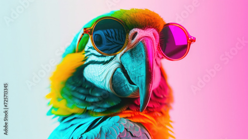 cheerful bright parrot with glasses, pink light