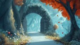 grungy noise texture art, rock garden gate with ray light from canopy tree, whimsical fantasy fairytale contemporary creative illustration, Generative Ai