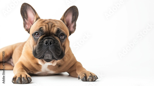 Cute french bulldog puppy, frenchie dog, horizontal ad, isolated white background, tan fawn color frenchie, looking at camera, studio shot, room for type, dog breeds, pet care, short hair, snub nose © enigmaestro