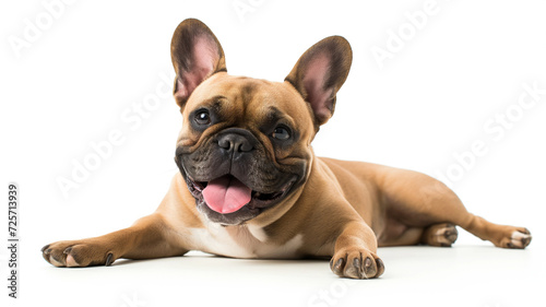 Cute french bulldog panting tongue out, tan fawn color frenchie, smiling looking at camera, isolated on a white background, studio shot, room for type, dog breeds, pet care, pet health, doggie daycare