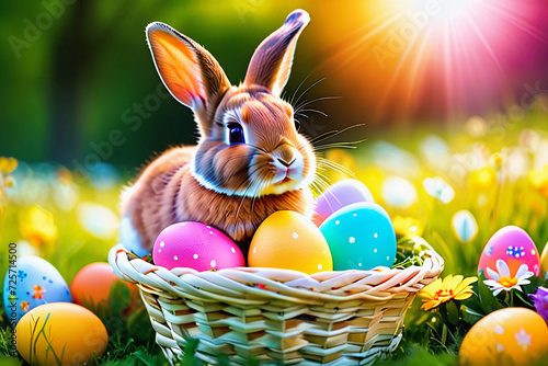 Cute rabbit sitting in a basket on a flower meadow  colorful easter eggs around.