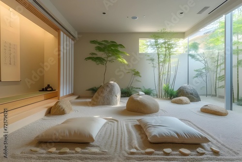 Tranquil Zen-Inspired Meditation Room with Minimalist Decor, Serene Color Palette, and Natural Elements.