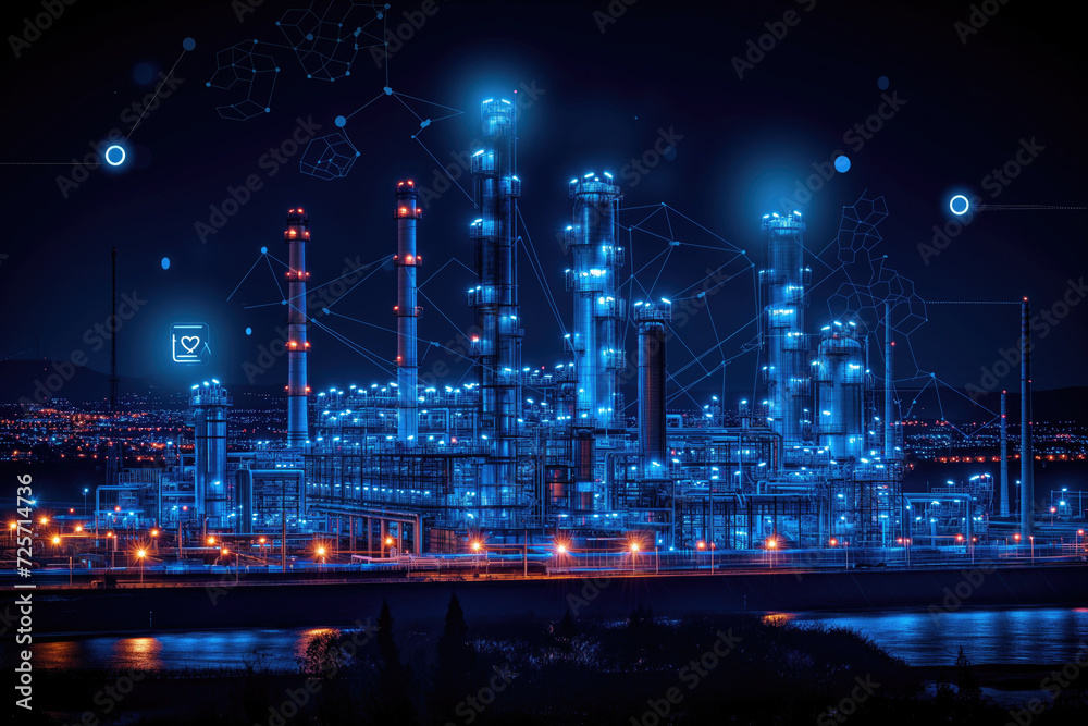 night light of oil and gas power plant refinery with storage tanks