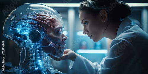 Futuristic interaction with an advanced humanoid robot. a woman examines AI in a high-tech lab setting. conceptual science and technology image. AI