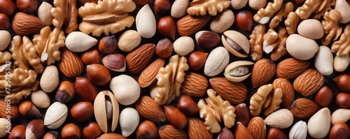Mix of different types of nuts, healthy food panorama. Generative Ai.