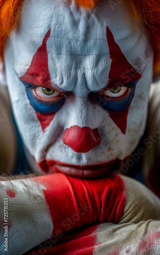 A clown man with a sulky and sad expression and her arms crossed photo
