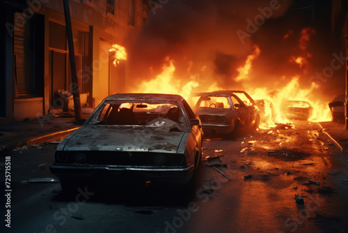 Inferno on the Street: Fire, Car, Smoke, Vehicle, Accident, Destruction, Street, Automobile, Violence.