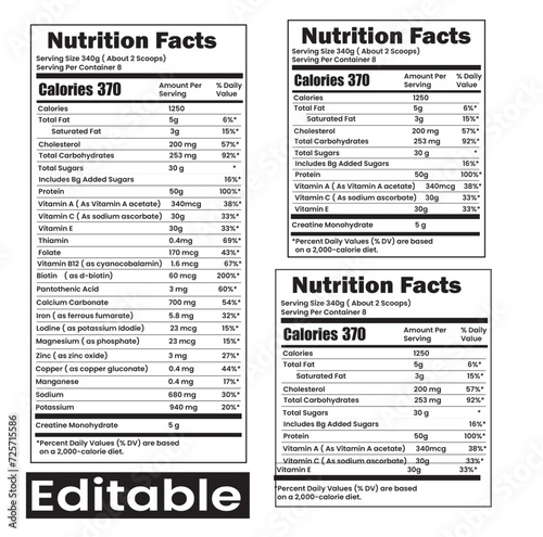 Nutrition facts template, Supplement facts template ,Nutrition list information photo