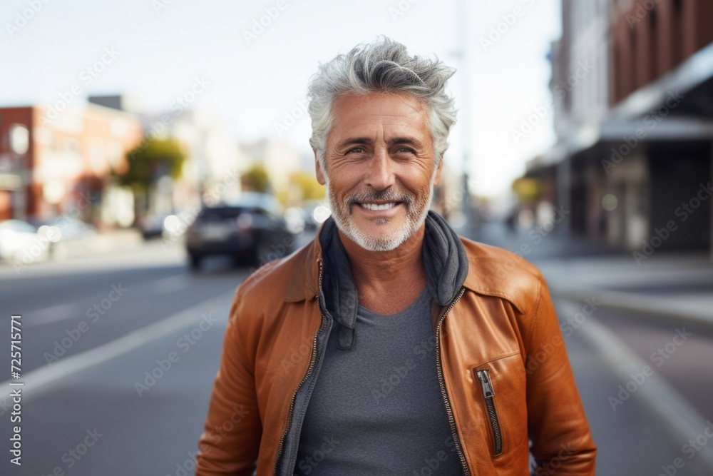 Portrait of a handsome senior man with grey hair, wearing a brown leather jacket, standing on a street in the city Portrait of a handsome senior man with grey hair, wearing a brown leather jacket, standing on a street in the city