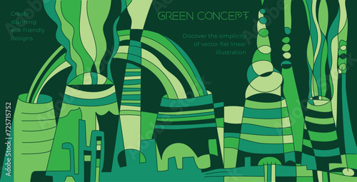 Cooling tower drawing. Ecology banner. Modern flat vector concept. Flat thin line illustration. Environmental sustainability and protection, closeness to nature, green life, ecosystem and biosphere.