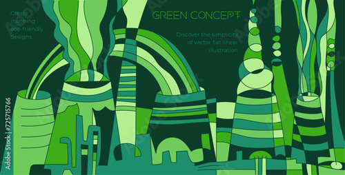 Cooling tower drawing. Ecology banner. Modern flat vector concept. Flat thin line illustration. Environmental sustainability and protection, closeness to nature, green life, ecosystem and biosphere.