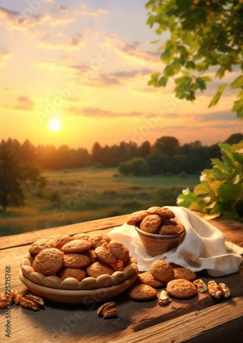 Cookies with walnuts on wooden table, healthy food concept. Generative Ai.