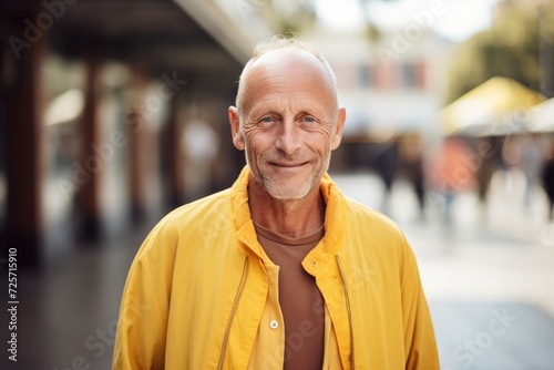 Portrait of a smiling senior man in a yellow jacket in the city.
