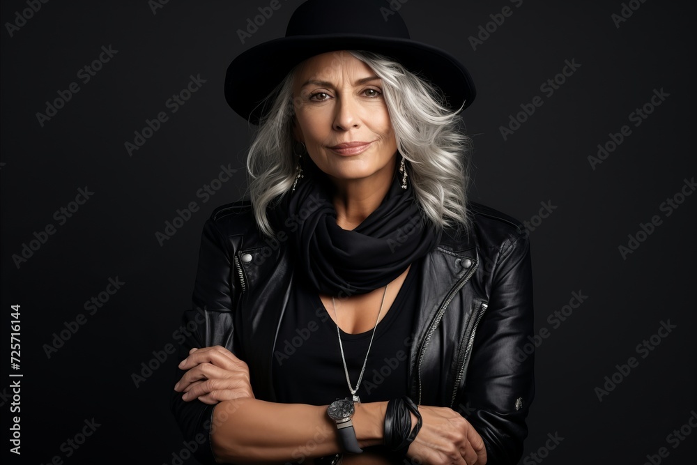 Portrait of stylish mature woman in hat and black leather jacket Portrait of stylish mature woman in hat and black leather jacket