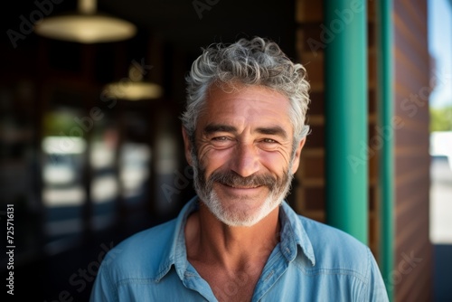 Portrait of handsome senior man smiling at camera while standing in cafe.