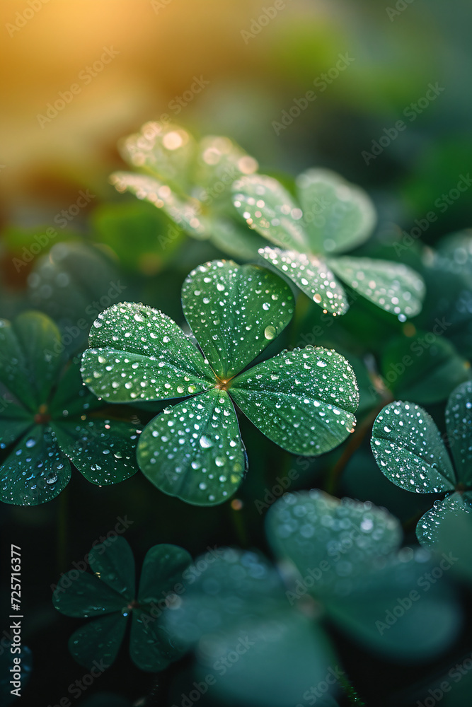 Clover leaves on green background. Three-leaved shamrocks. St Patrick Day holiday symbol. Template for design card, invitation, banner Clover leaves on green background. Three-leaved shamrocks. St Patrick Day holiday symbol. Template for design card, invitation, banner