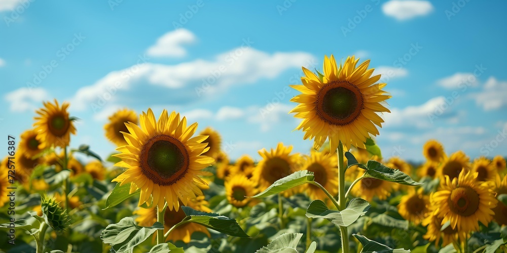 Sunflower field under a blue sky, embracing the sun. ideal for backgrounds and nature themes. vibrant, natural and fresh atmosphere. AI