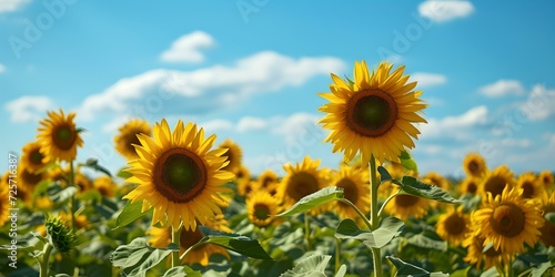 Sunflower field under a blue sky  embracing the sun. ideal for backgrounds and nature themes. vibrant  natural and fresh atmosphere. AI