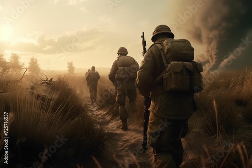 Military training in the woods. Illustration was creaded by AI.
