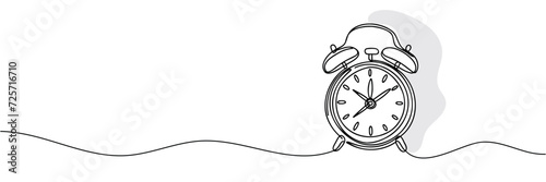 Single continuous line drawing of an alarm clock.