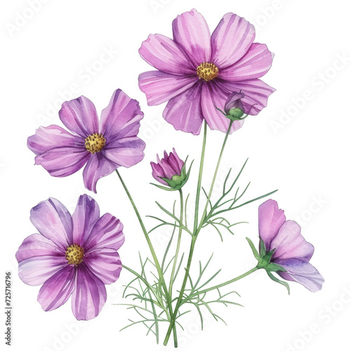 Watercolor illustration of pink cosmos  transparent background  PNG 