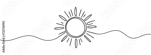 Sun continuous one line art drawing. Summer sun contour line sign. Vector illustration isolated on white