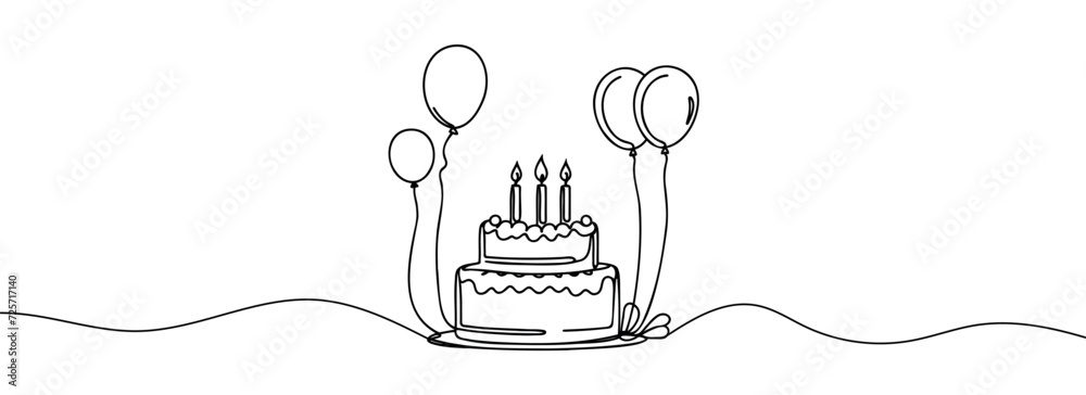 Happy Birthday continuous one line drawing of birthday balloon and birthday cake.