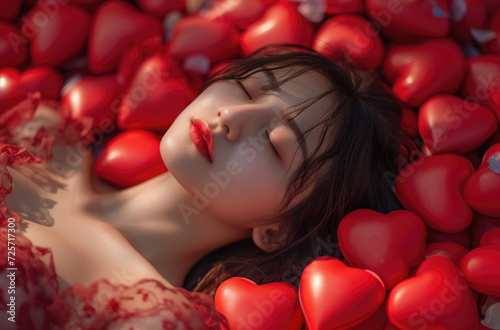 a beautiful woman lying on a bed of red hearts