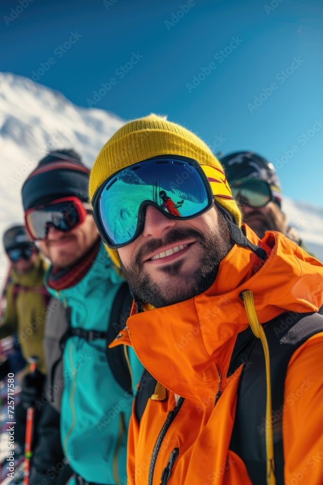 A group of skiers standing on top of a snow covered slope. Perfect for winter sports and adventure themes A group of skiers standing on top of a snow covered slope. Perfect for winter sports and adventure themes