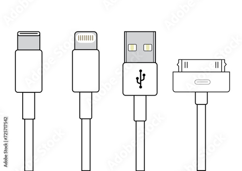 Chargers icon for iphone, ipad, macbook. Apple Lightning wire, Thunderbolt 4 USB C . Power supply, adapter, cord. Technology concept. Vector line icon for Business and Advertising