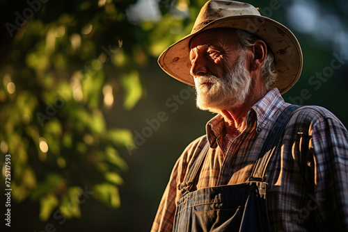 Senior male farmer wearing a straw hat and plaid shirt, standing in a leafy green vineyard