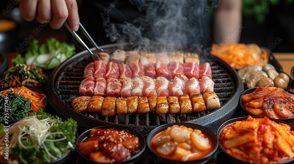 Hands are tongs, grilled pork on the grill. The background is surrounded by a set of fresh meat shabu. Korean style decoration. Hands are tongs, grilled pork on the grill. The background is surrounded by a set of fresh meat shabu. Korean style decoration.