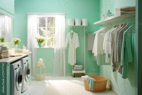 Laundry room with modern appliances, hanging clothes, green mint walls, and a fresh open window view © pkproject