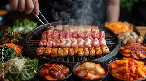 Hands are tongs, grilled pork on the grill. The background is surrounded by a set of fresh meat shabu. Korean style decoration. photo