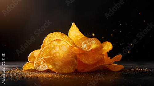 Delicious potato chips on black background