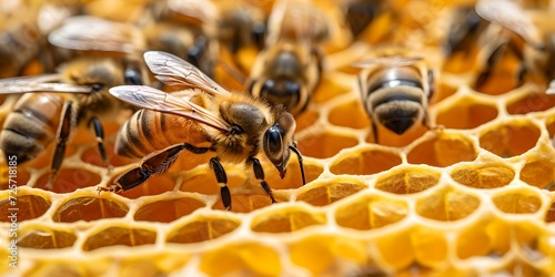 Busy honeybees on hexagonal honeycomb, nature's ingenuity at work. close-up shot reflecting vital beekeeping activity. AI © Irina Ukrainets