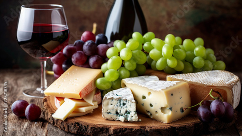 Cheese and grapes on a plate, with a glass of red wine