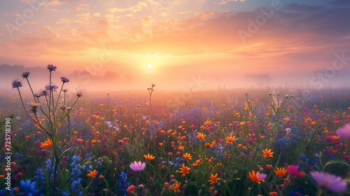 A field full of flowers at sunrise, the fog in the distance