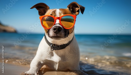 dog on the beach with sunglasses. Dog wearing sunglasses on a sandy beach in tropical destination during summer time. Dog in glasses portrait © Divid