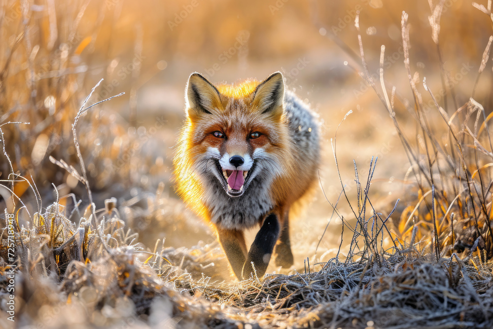 A playful red fox in a natural habitat, with a soft focus on frosty vegetation, and the golden light of sunrise enhancing its vibrant fur A playful red fox in a natural habitat, with a soft focus on frosty vegetation, and the golden light of sunrise enhancing its vibrant fur