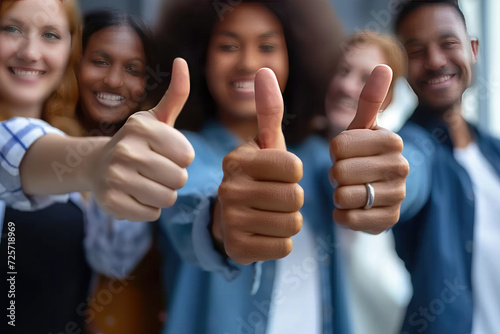 Crop close up portrait of smiling multiracial employees show thumb up give recommendation. Happy diverse multiethnic colleagues coworkers recommend good quality company service. Review concept..