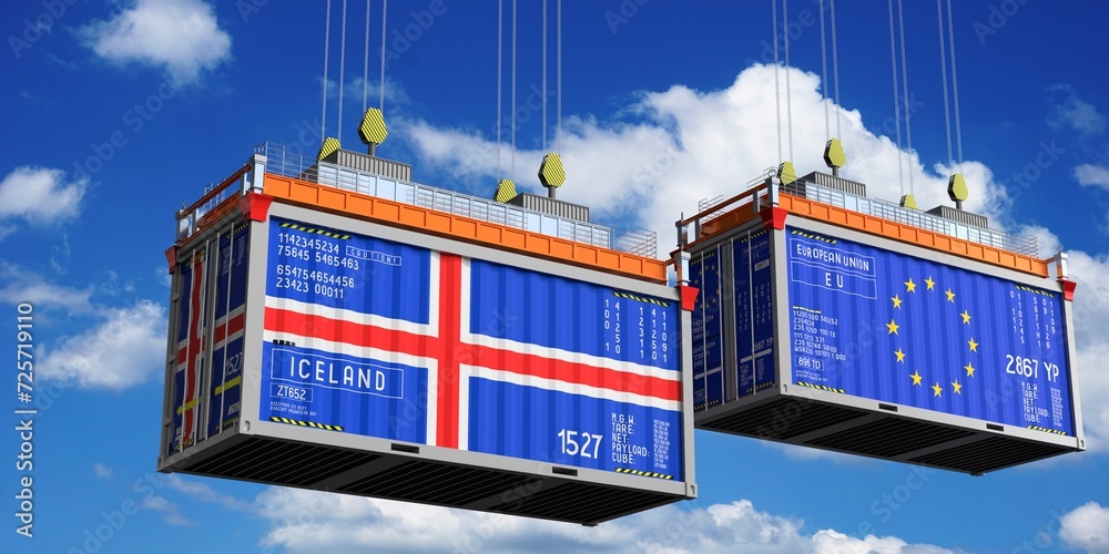 Shipping containers with flags of Iceland and European Union - 3D illustration