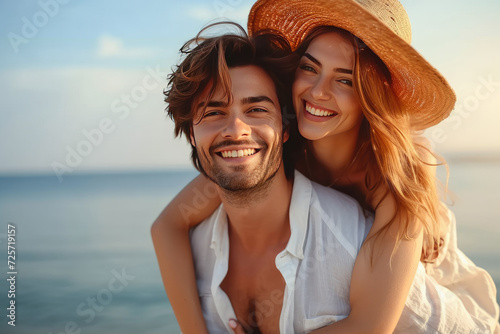 Young smiling happy couple two friends family man woman in white clothes boyfriend give piggyback ride to joyful, girlfriend sit on back at sunrise over sea beach ocean outdoor seaside in summer day.
