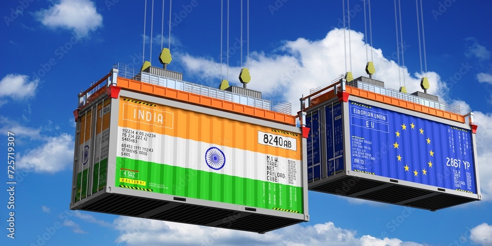 Shipping containers with flags of India and European Union - 3D illustration
