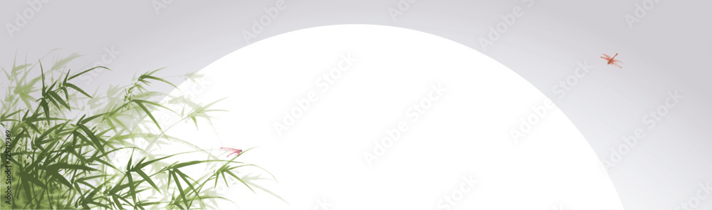 Panoramic vector illustration in sumi-e style depicting delicate green bamboo leaves and dragonflies against a moonlit sky, conveying a sense of peacefulness and the elegant beauty of nature.