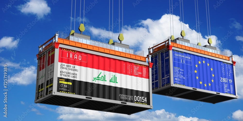 Shipping containers with flags of Iraq and European Union - 3D illustration